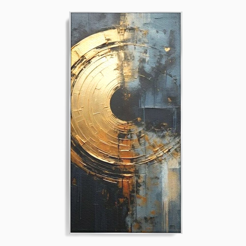 Tablou canvas cu tablou abstract cu cerc auriu, in rama de aluminiu argintiu